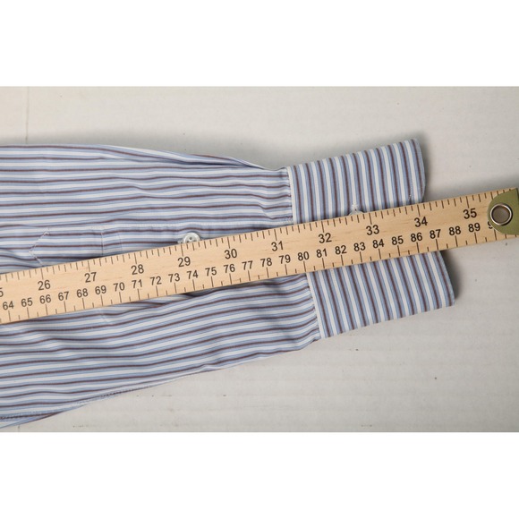 Cesare Attolini Shirt Mens 16 34 Blue Brown Stripe Button Front Dress Shirt - Picture 11 of 12